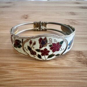 Vintage Cloisonné Hinged Floral & Butterfly & Gold Bangle Bracelet